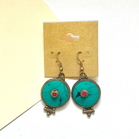 🏷️ circle boho turquoise & red dangling earrings - Picture 5 of 9